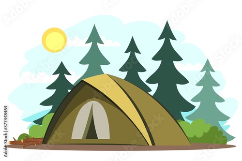 Traveling and camping background. Tent in forest. Tourist outdoor scene vector illustration. Sunny beautiful day, scenic horizontal panorama © backup_studio