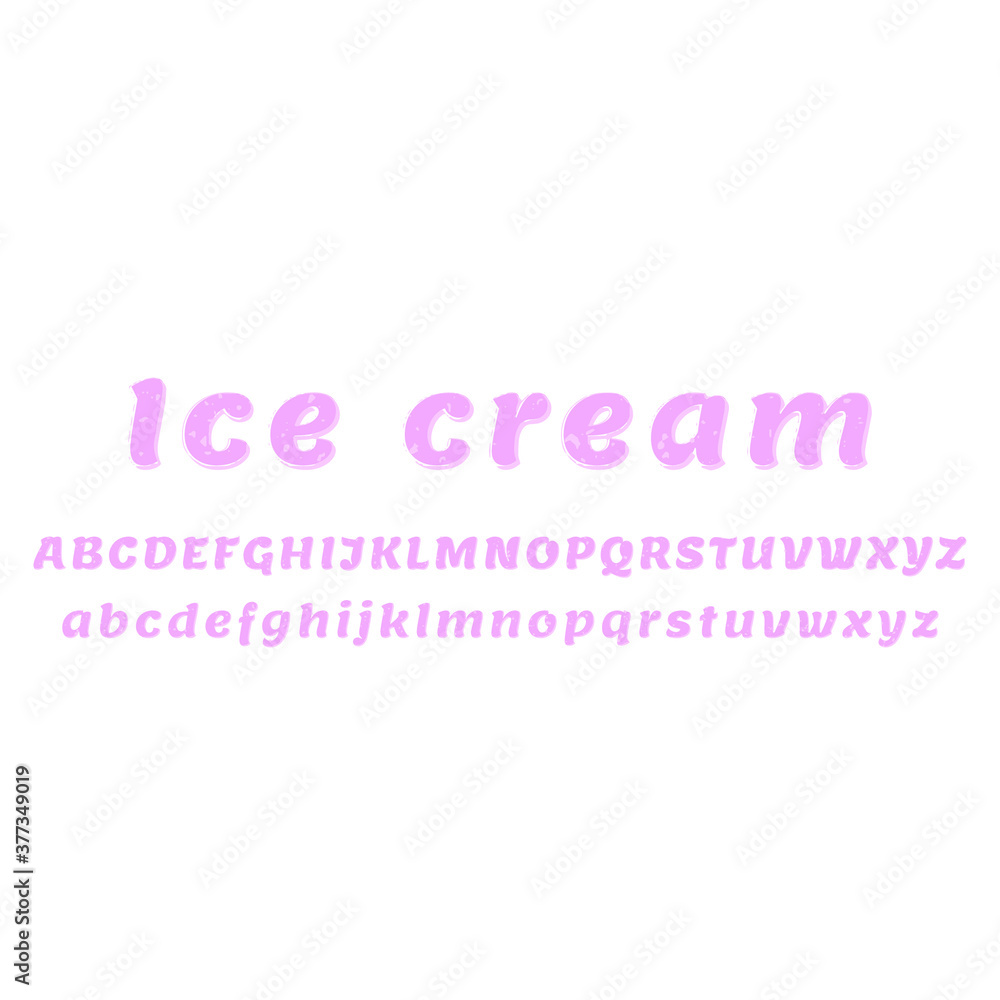 Pink font and alphabet. Text: Ice cream. Vector.
