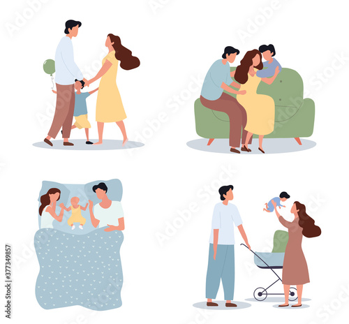 Four happy family scenes with young children or babies with their parents at different activities, colored vector illustration