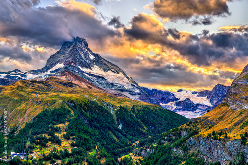 View of Matterhorn mountain from a panoramic trail near Zermatt, Switzerland