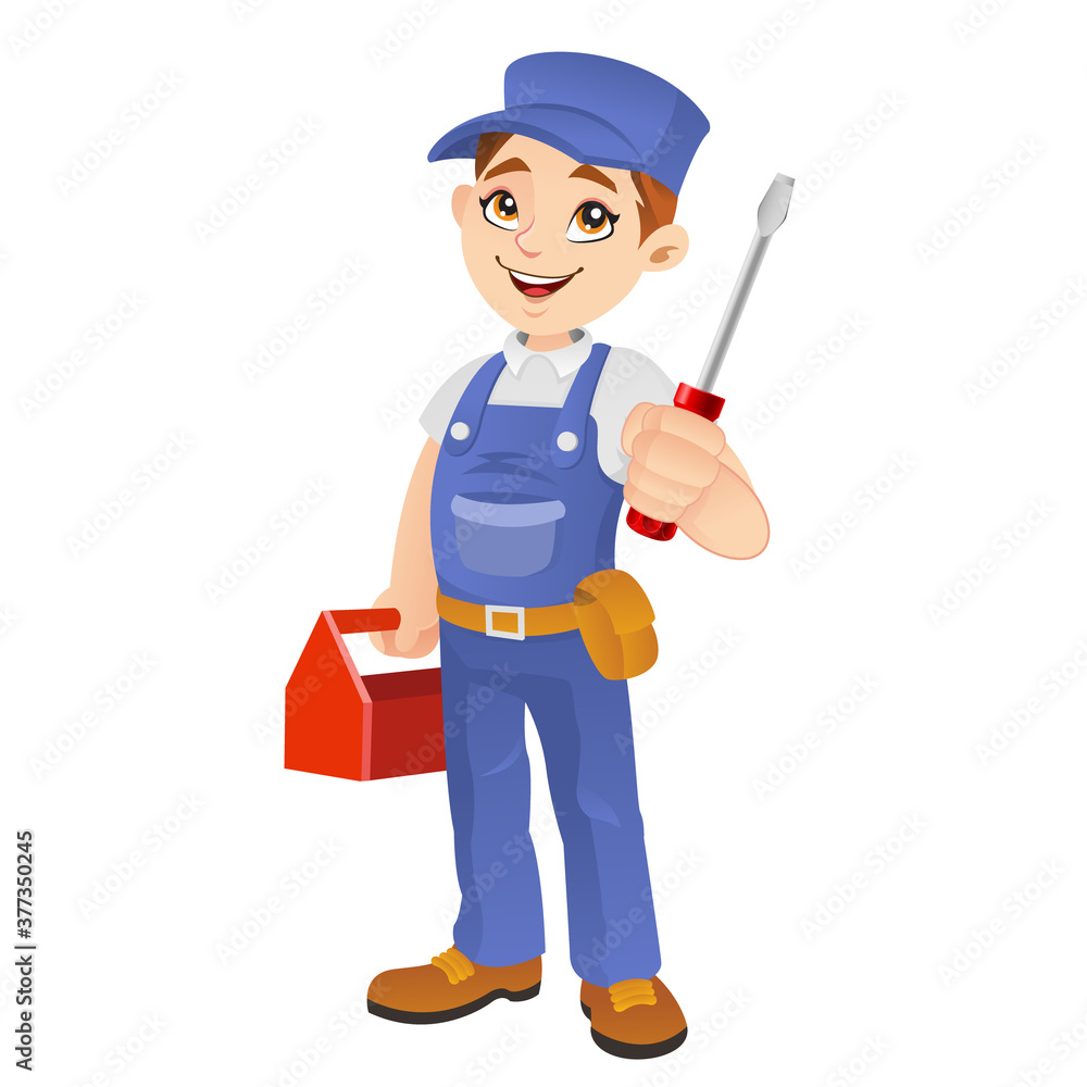 Mechanic holding a screw driver and toolbox