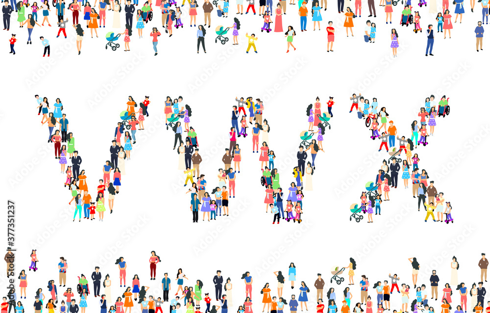 Large group of people in letter V, W, X sign. People font set. Vector Large group of people in letter V, W, X sign. People font set. Vector