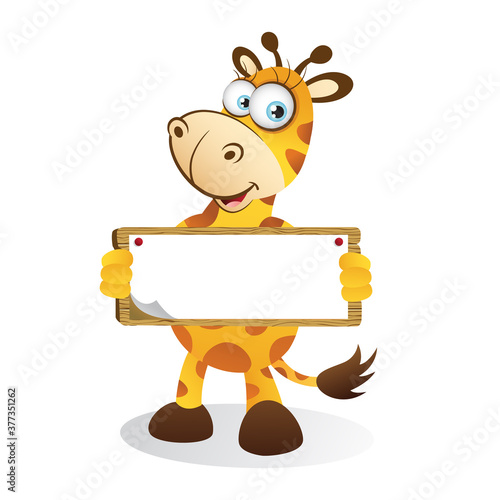 Cartoon Giraffe holding a Wooden blank Signage with both hands