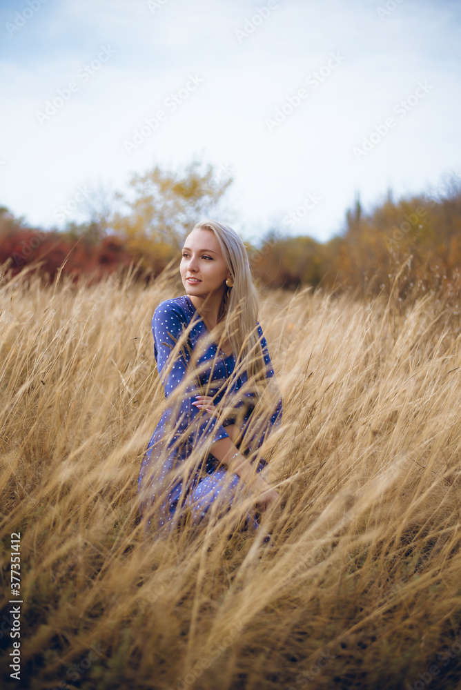 Beautiful young woman in blue dress in the field