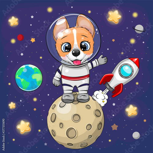 Cartoon Corgi astronaut on the moon on a space background