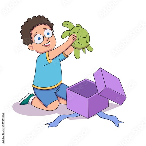 Kid getting pet for birthday present. Little boy receiveing turtle as gift from parents. Cute turtle brings joy and happiness on holiday. Realistic congatulation from family vector illustration