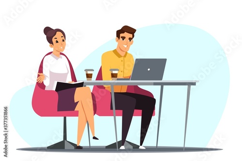 Business meeting discussion. Two happy people working at office vector illustration. Corporate communication, coworking. Man and woman sitting at desk with laptop and coffee, negotiating, studying