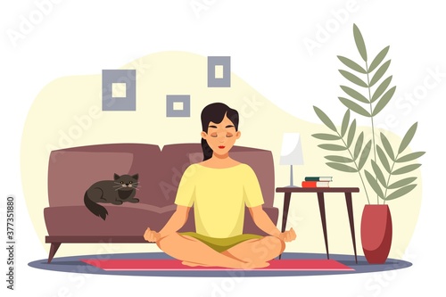 Girl relaxing at home meditating alone. Happy peaceful woman cartoon character doing yoga in cozy room vector illustration. Stay positive, calm and safe during summer time
