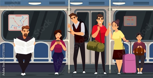 People in modern underground train. Passengers inside metro cabin on commute. Men and women sitting and standing in city public transport, travelling subway vector illustration