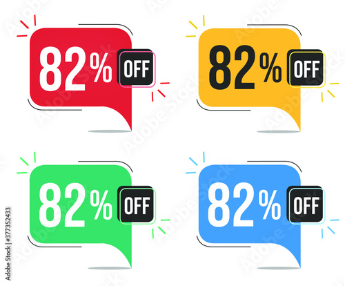 82% off. Red, yellow, green and blue tags with eighty-two percent discount. Banner with four colorful balloons with special offers vector.