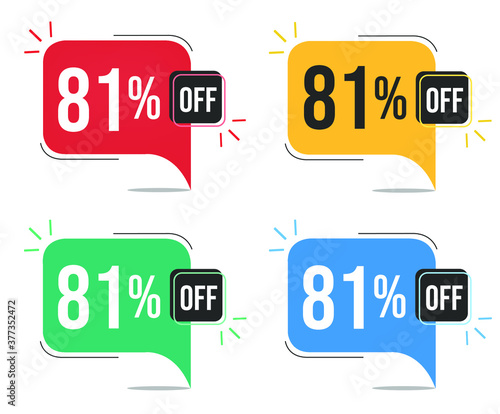 81% off. Red, yellow, green and blue tags with eighty-one percent discount. Banner with four colorful balloons with special offers vector.
