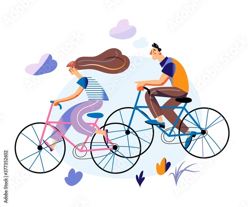 Happy couple riding bikes in city. Woman and man cycling on bicycles in park. Leisure and sport in nature vector illustration. Healthy active recreation and transportation in summer