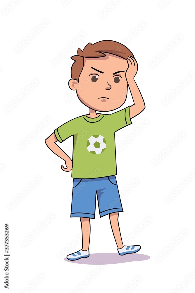 Confused kid thinking and looking puzzled. Thoughtful boy touching head with wondering curious complicated expression. Smart child pondering questions and ideas vector illustration