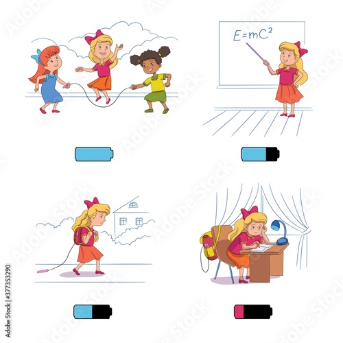 Girl loses energy charge during day, Kids and life energy battery