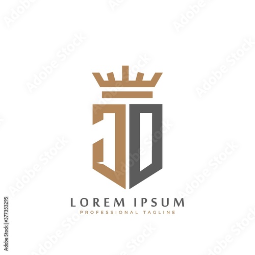 Premium JO Monogram of Two letters J&O. Elegant gold shield initials and crown geometric old retro graphic logo design. alphabet vector elements stock illustration