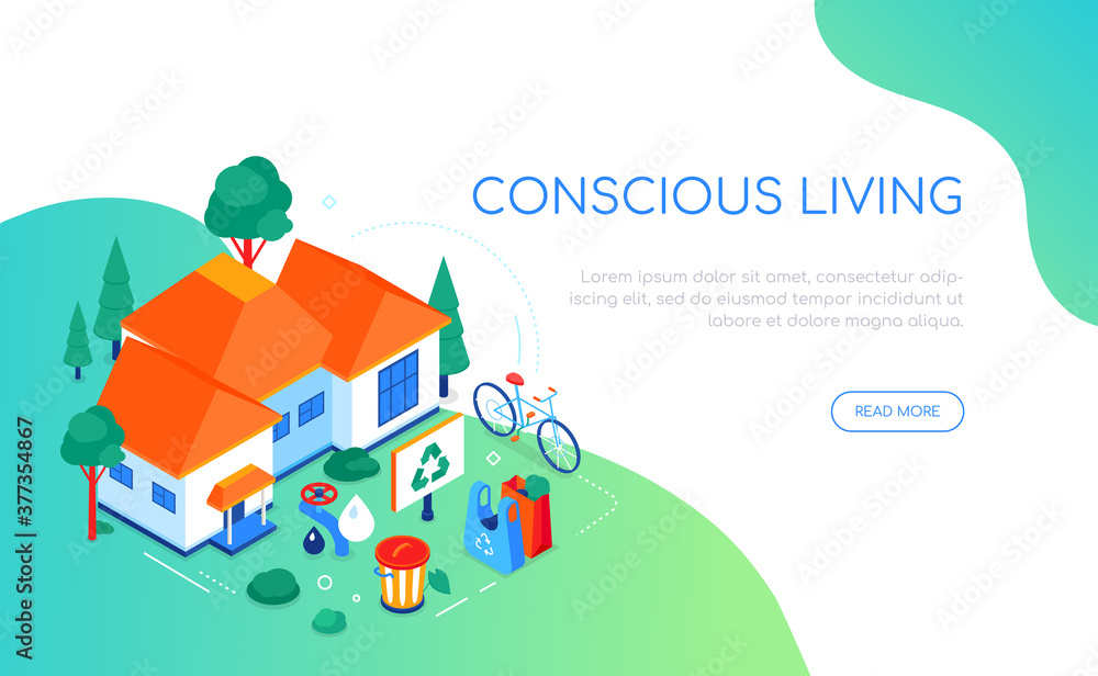 Conscious living - modern colorful isometric web banner