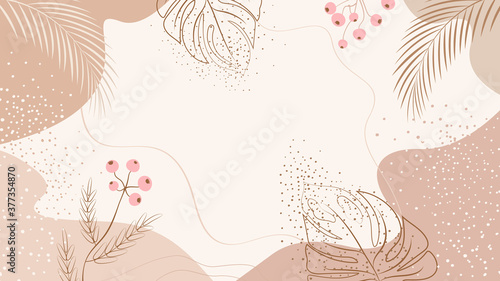 Vector illustration of abstract creative background with plants and tropical leaves in one line style. Simple background with copy space for text. Design template for social media posts, mobile apps.