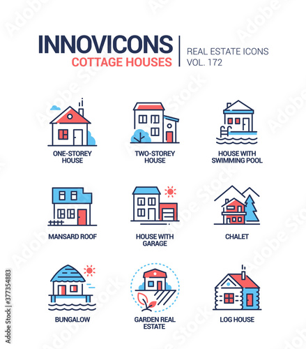 Cottage houses - modern line design style icons set
