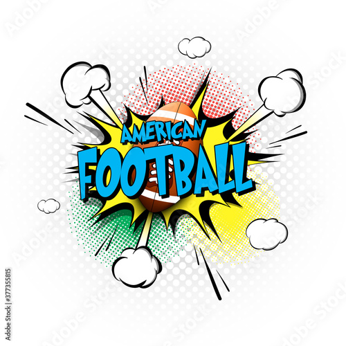 Comic bang with expression text American Football. Comics book font sound phrase template with football ball. Pop art style banner message. Sports fan emotions. Vector illustration