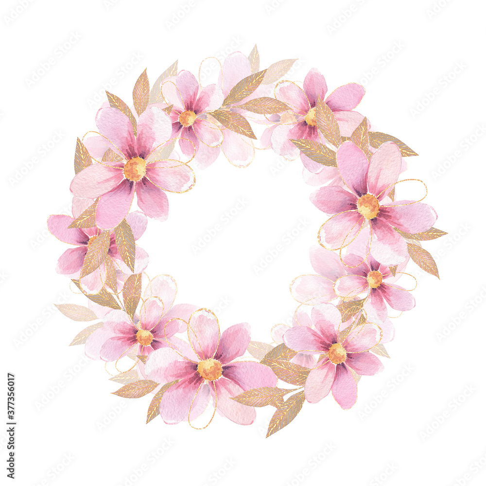 Floral Frame. A wreath of pink watercolor flowers. Perfect for wedding invitations and birthday cards
