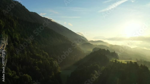 Drone flight over Tyrol landscape, at sunrise in Austria