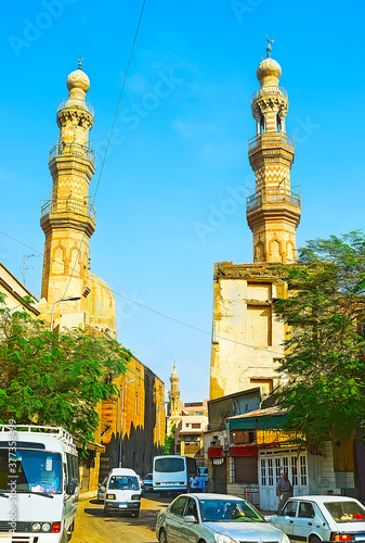 Two minarets of Mosque and Khanqah of Shaykhu, Cairo, Egypt photo