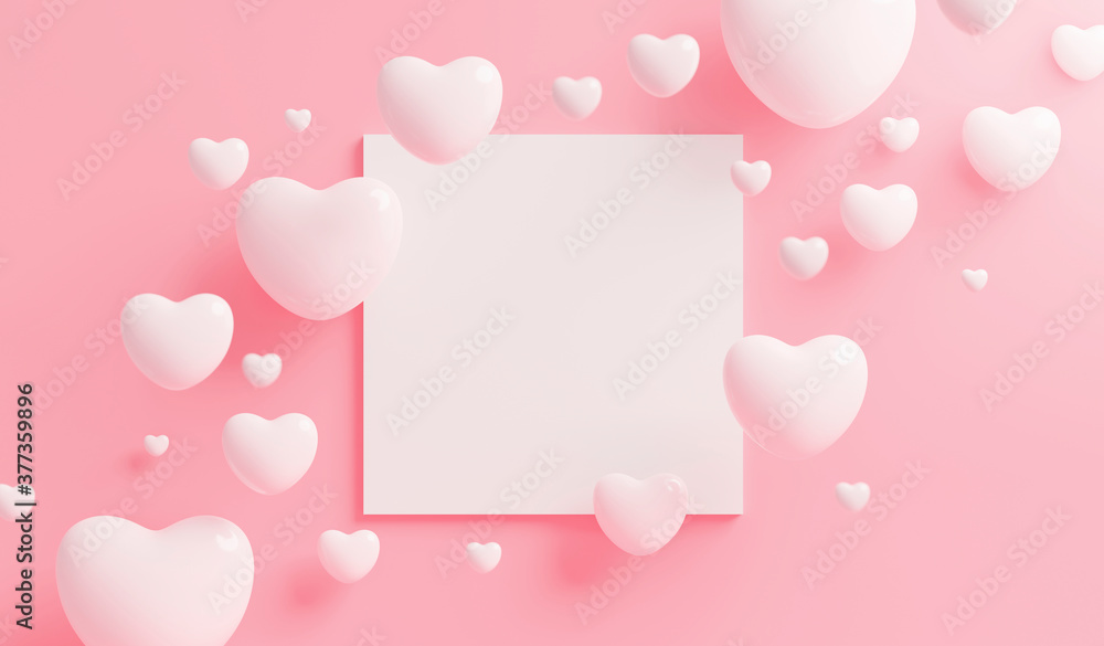 White heart with blank frame on pink background with copy space 3d render