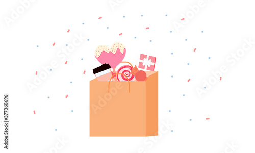 Package filled with sweets on a white background, vector graphics