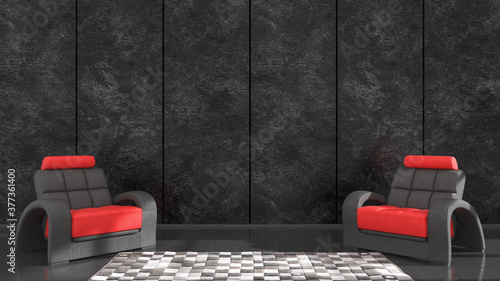 black interior with black and red armchair for mockup