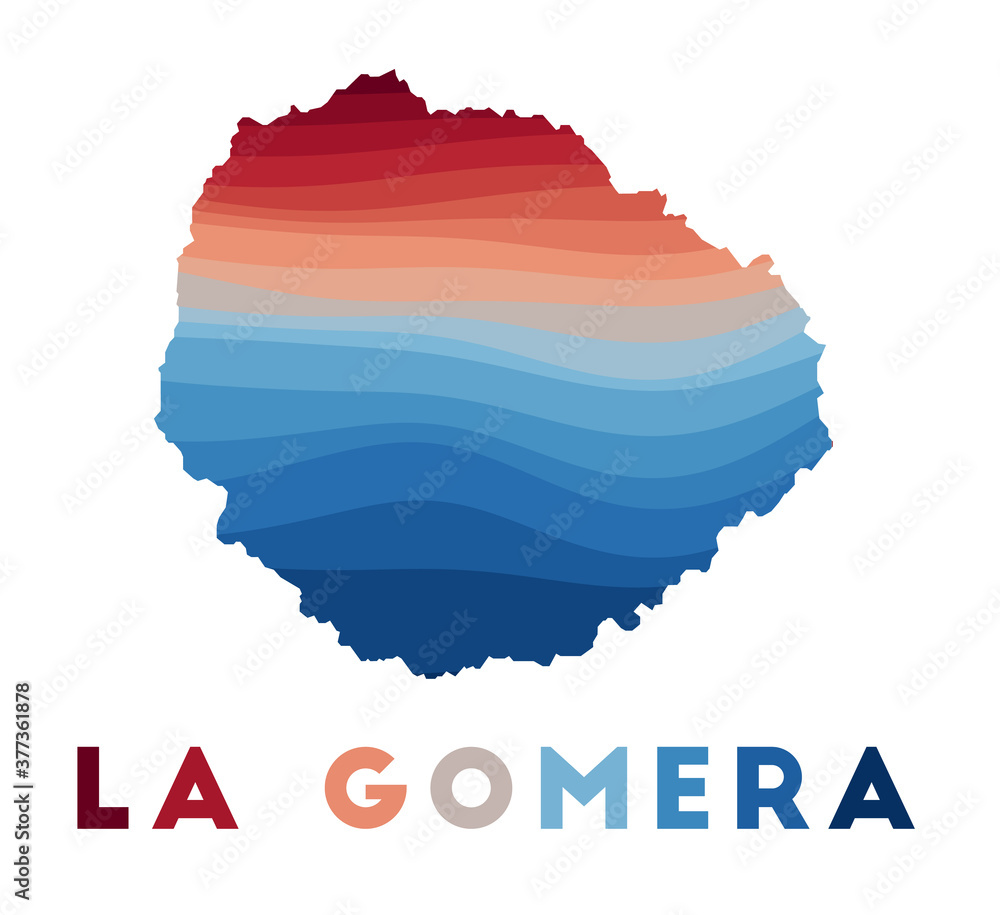Obraz premium La Gomera map. Map of the island with beautiful geometric waves in red and blue colors. Vivid La Gomera shape. Vector illustration.