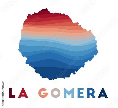 La Gomera map. Map of the island with beautiful geometric waves in red blue colors. Vivid La Gomera shape. Vector illustration.