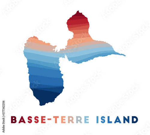 Basse-Terre Island map. Map of the island with beautiful geometric waves in red and blue colors. Vivid Basse-Terre Island shape. Vector illustration.
