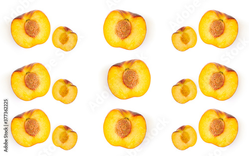 Top view of fresh organic peaches fruit isolated on a white background. Tropical abstract background. Peach pattern. Flat lay composition.