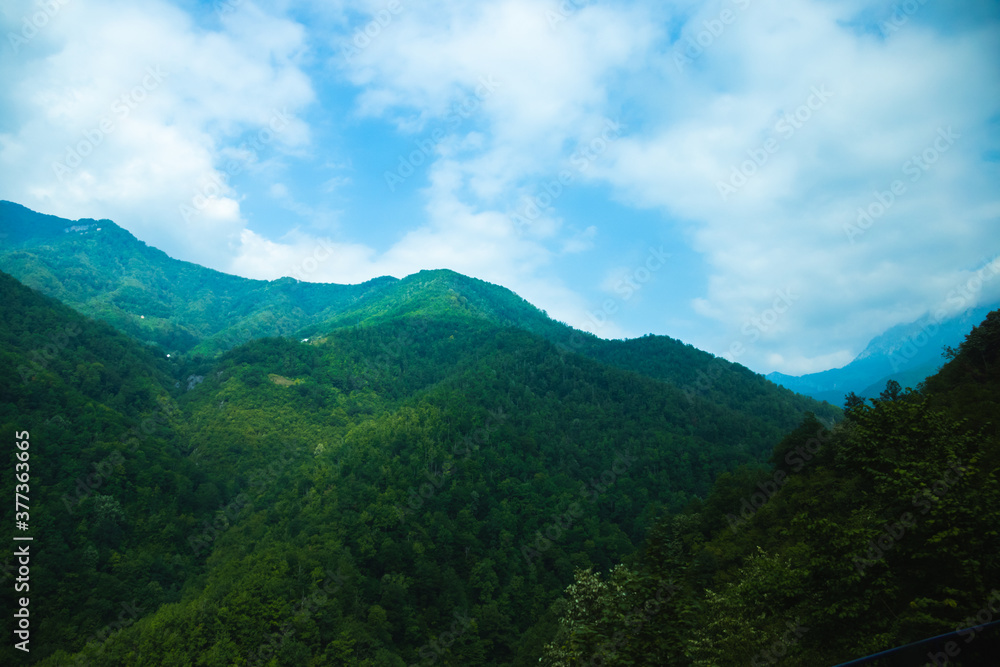 Mountains from the window of a tourist bus, travel through the European mountains in Montenegro