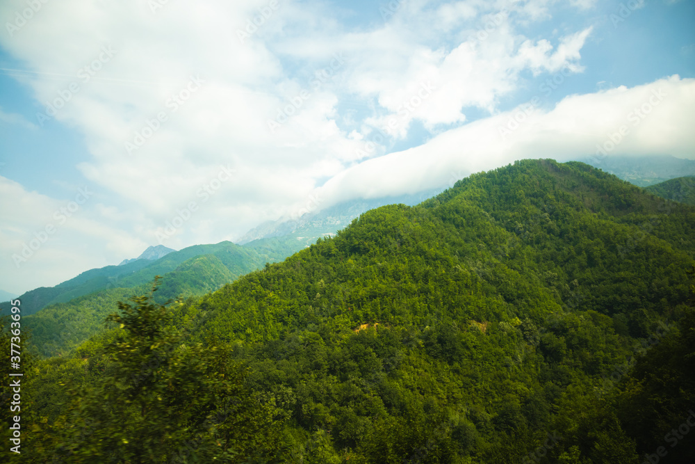 Mountains from the window of a tourist bus, travel through the European mountains in Montenegro