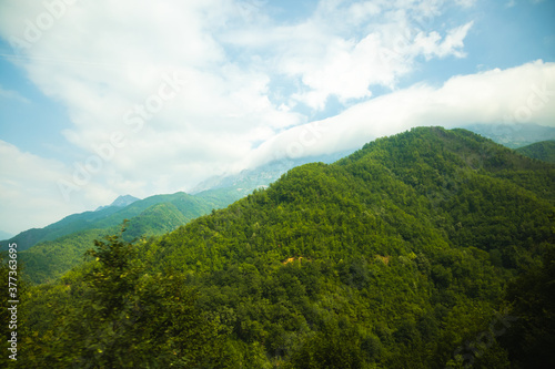 Mountains from the window of a tourist bus, travel through the European mountains in Montenegro