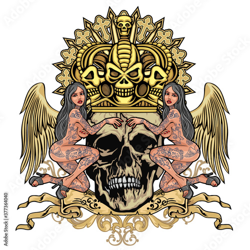 Gothic sign with skull and sexy tattooed girls, grunge vintage design t shirts