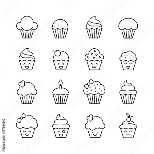 Cupcake related icons: thin vector icon set, black and white kit