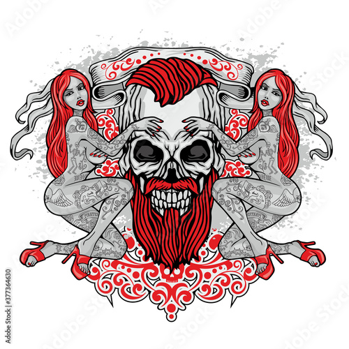 Gothic sign with skull and sexy tattooed girls, grunge vintage design t shirts