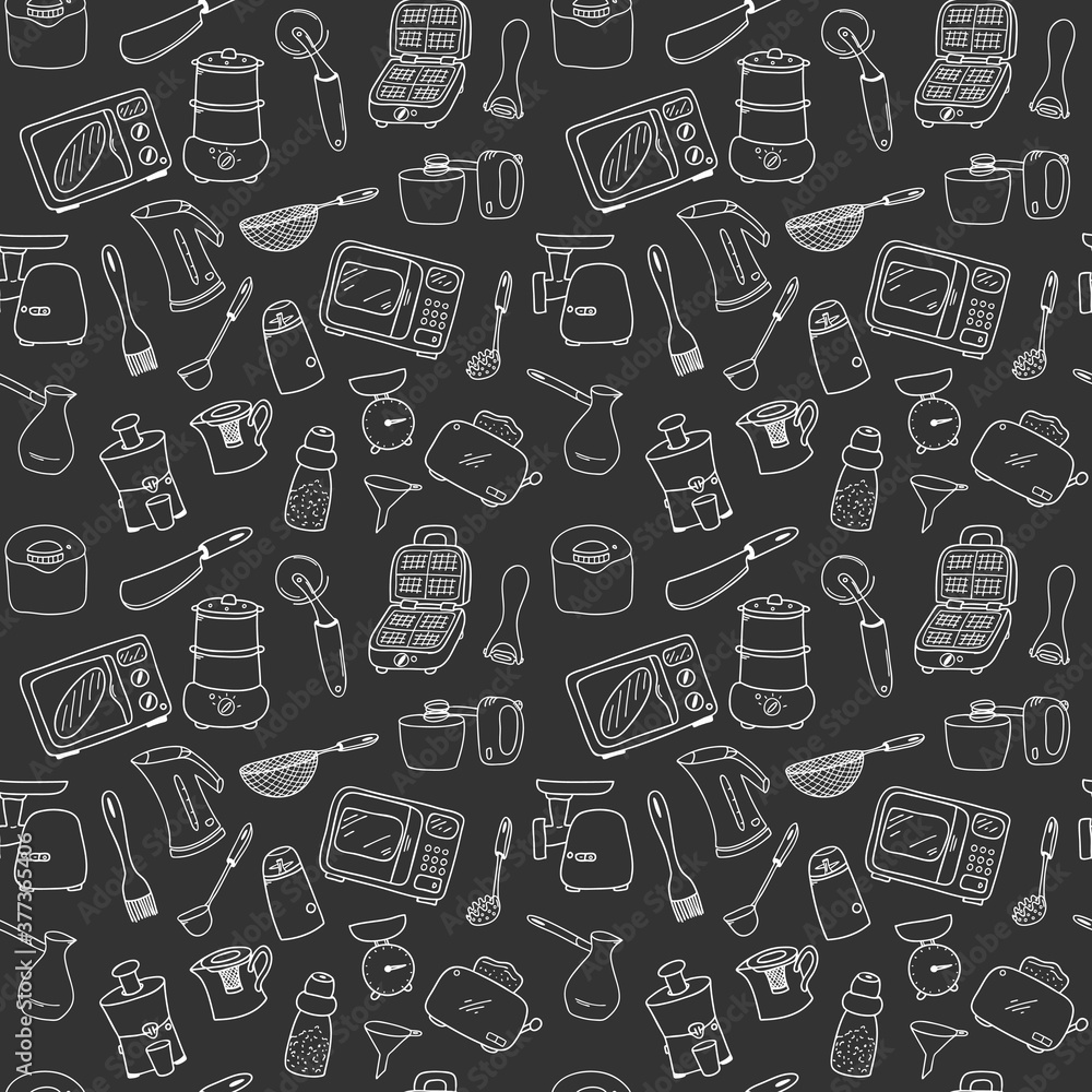 Seamless pattern with elements of kitchen utensils, utensils and appliances. Black-white background for menu design,brochures, web pages.Doodle illustration is hand drawn and isolated on dark.Vector Seamless pattern with elements of kitchen utensils, utensils and appliances. Black-white background for menu design,brochures, web pages.Doodle illustration is hand drawn and isolated on dark.Vector