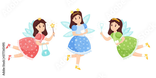 Collection of tooth fairies. Cute cartoon mythical characters with wings. Elf girls hold a tooth or a magic wand in their hands. Children's vector illustration in a flat style. Isolated on white