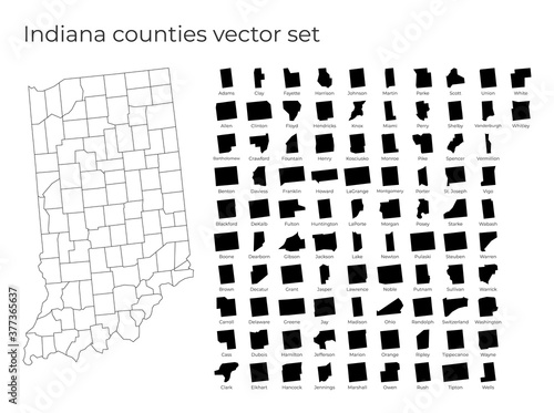 Indiana map with shapes of regions. Blank vector map of the US State with counties. Borders of the US state for your infographic. Vector illustration.