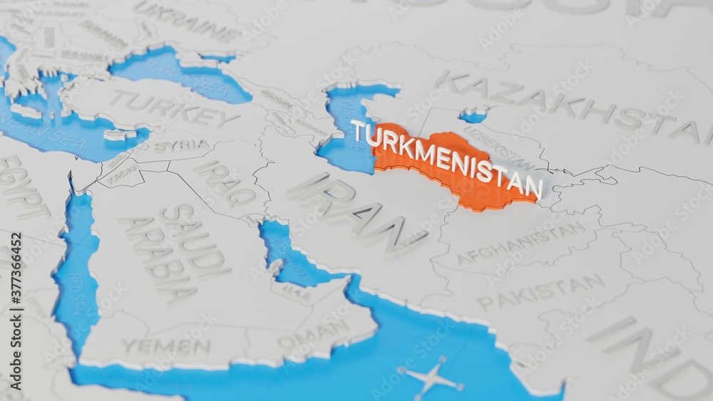 Turkmenistan highlighted on a white simplified 3D world map. Digital 3D render.