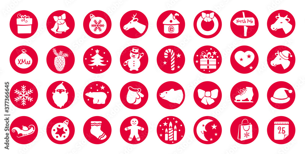 Christmas flat icons for web design and mobile app. Beige pictures on red circles. Sweet christmas candy cane, gingerbread house, man, bull head Christmas flat icons for web design and mobile app. Beige pictures on red circles. Sweet christmas candy cane, gingerbread house, man, bull head