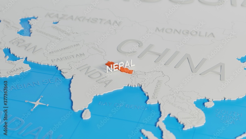 Nepal highlighted on a white simplified 3D world map. Digital 3D render.