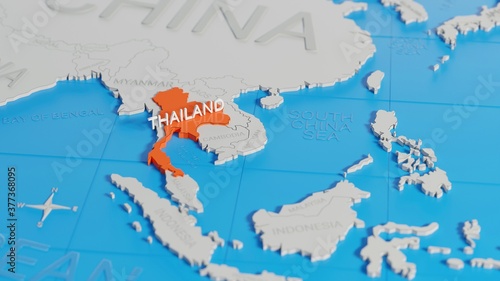 Thailand highlighted on a white simplified 3D world map. Digital 3D render.