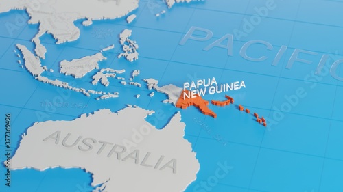 Papua New Guinea highlighted on a white simplified 3D world map. Digital 3D render.
