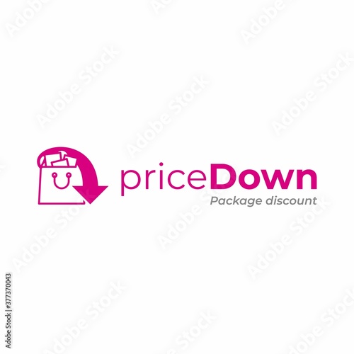 Shopping bag icon with arrow down logo, Discount logo template, Online market logo, Discount Label icon vector design, Price down logotype