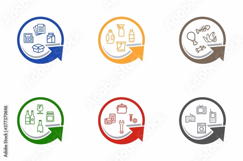 Different colored signs for separate recycling. Selective waste collection vector icon set. Recyclable materials for waste management labels.