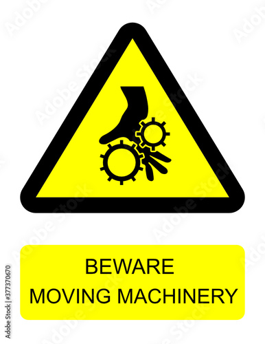 Warning moving machinery vector sign isolated on white background, Dangerous do not put your hand between roller and running belt